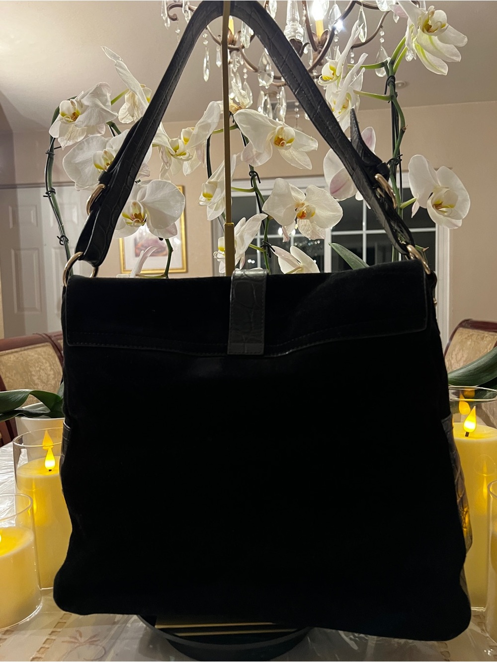 Furla Black Suede Croc Embossed Leather Shoulder Satchel Bag - Picture 6 of 14